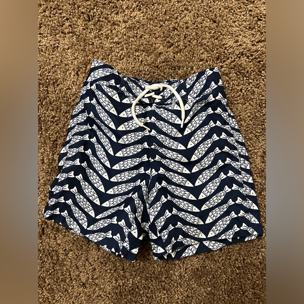 Janie and Jack Boys Swim Trunks Blue White Fish 12-18 months